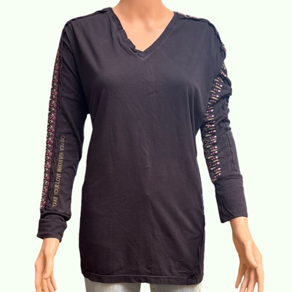 Life is Good Black Cotton Long Sleeve V-Neck Women's Top Medium